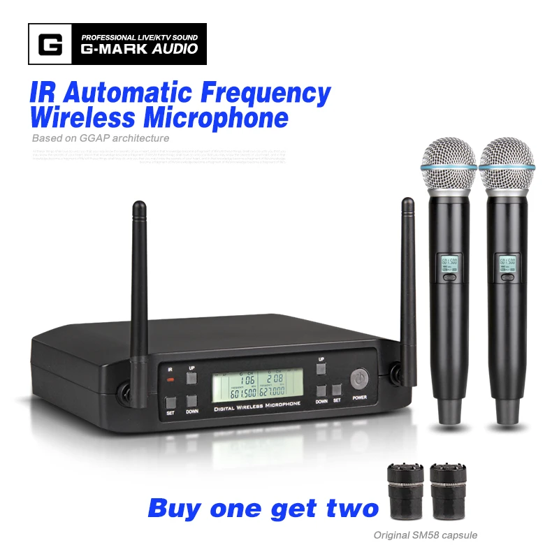 

G-MARK GLXD4 UHF Handheld Karaoke Microphone Wireless Professional System 2 Channel Frequency Adjustable Cordless For DJ Party