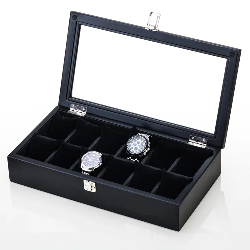 Slots de Madeira Caixa de Relógio de Luxo dos Homens Caixa de Armazenamento com Janela Cases de Exposição de Jóias para Mulheres Caixa de Presente Negros Relógio Case W042 Top 12