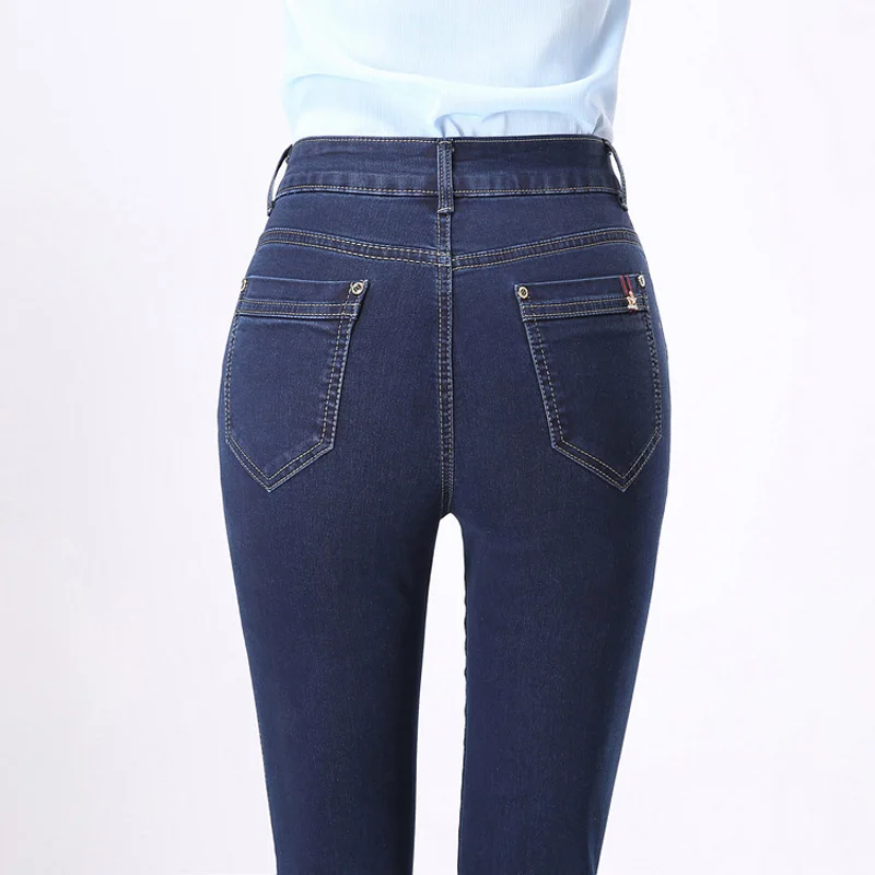 Elastic Straight Mom Jeans Woman for 4 Season High Waist Jeans Plus Size Long Denim Pants Dark Blue Slim Women Long Trousers
