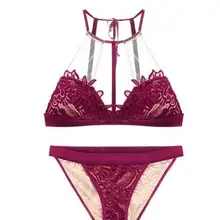 Сексуальный соблазнительный Забавный бюстгальтер с бретельками на шее, ультра-тонкий вырез, кружева, пуш-ап, прозрачный цветок, женское нижнее белье, комплект с бюстгальтером