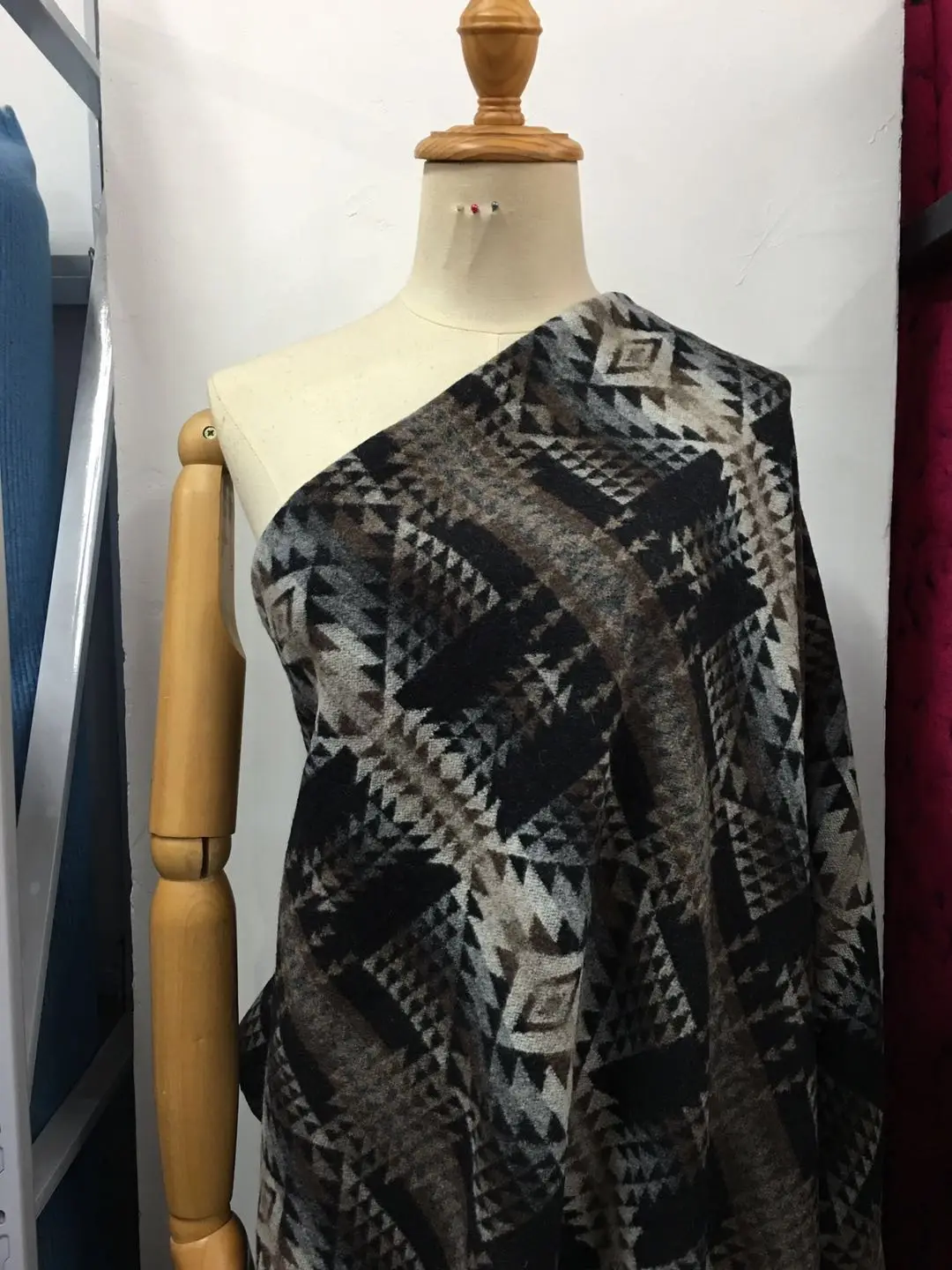 

165cm wide 100% wool fashion big black gray ethnic fabric geometric wool fabric winter coat
