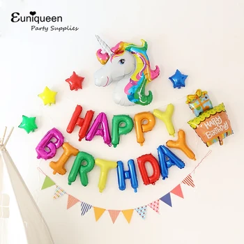 

Colorful Happy Birthday Balloons Unicorn theme Kids Birthday Party idea Set Princess Background Decoration Baby Shower Supplies