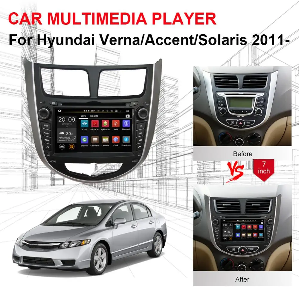 Android 9.0 car dvd for Hyundai Verna/Accent/Solaris/Grand Avega Hatchback/Accent Blue/Accent WIT Hatchback 2011- GPS player