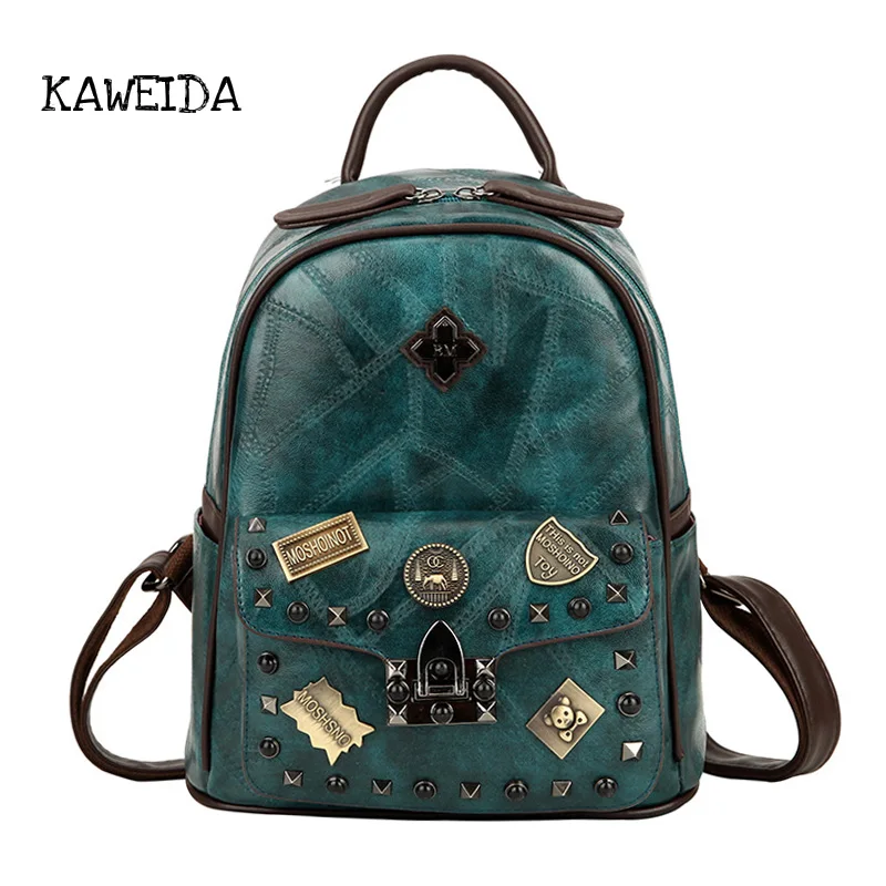 

Women Retro Quilted Real Leather Backpack Punk Vintage Blue Green Rivets School Bag for Girls Metal Badges Mini Casual Back Pack