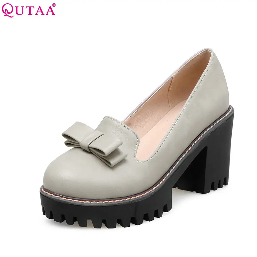 

QUTAA 2018 Fashion Black Women Pumps Square High Heel Platform Round Toe Bow Tie PU leather Ladies Wedding Shoes Size 34-43