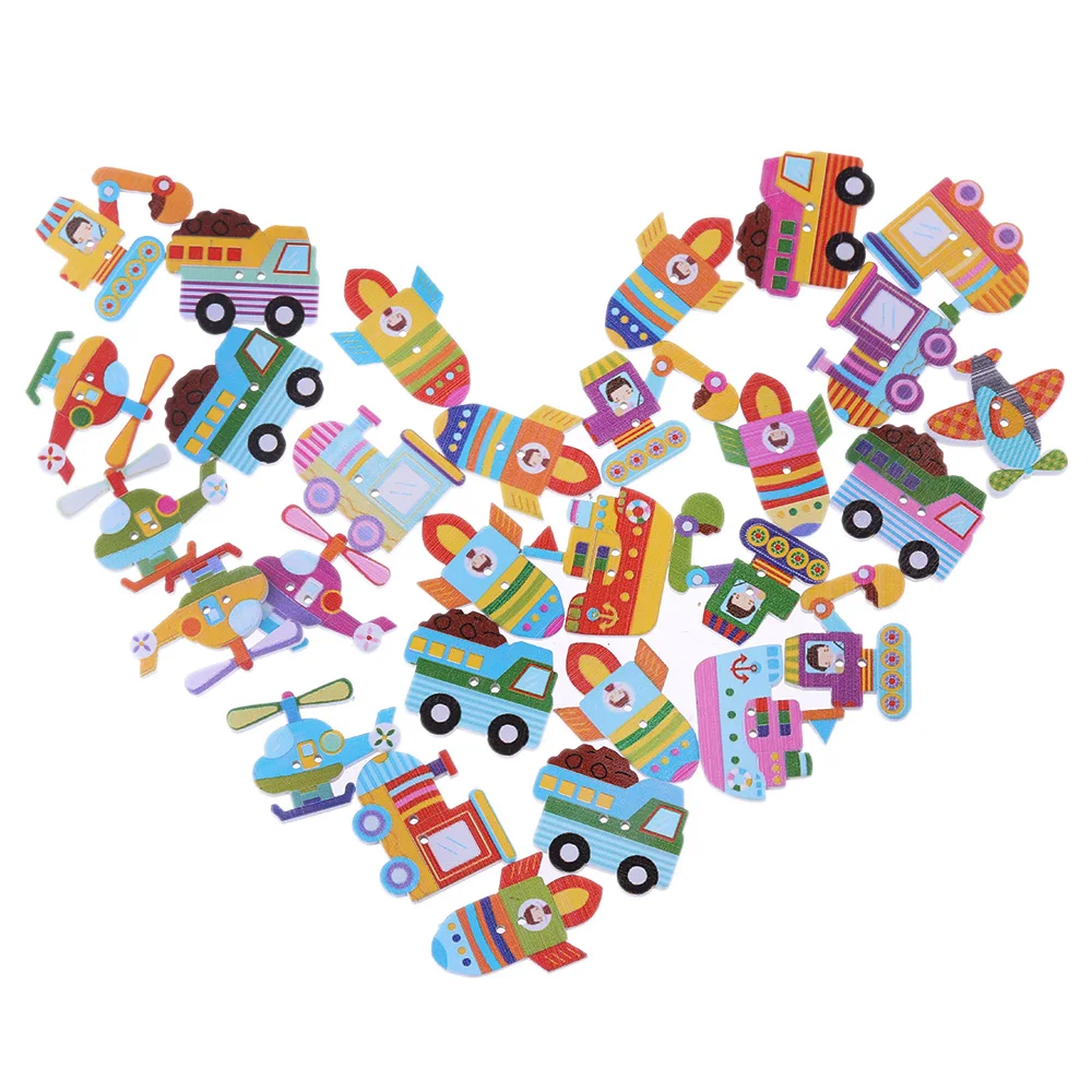 

50 Pcs Mixed Sewing Buttons DIY Clothing Decor Fashion Crafts Airplane Rocket 2 Holes Wooden Scrapbook Craft