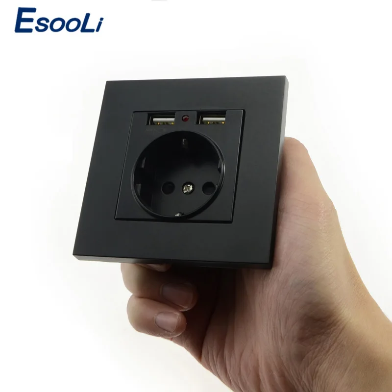 

Esooli Wall Socket Power 16A EU Standard Outlet With Dual USB Charger Port for Mobile Phone PC panel Black USB Socket Power