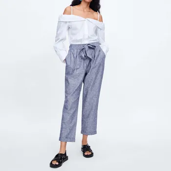 

YNZZU 2019 New arrival High waist causal women pants Blue with belt loose long pants Bow elastic waist Women harem pants YB348