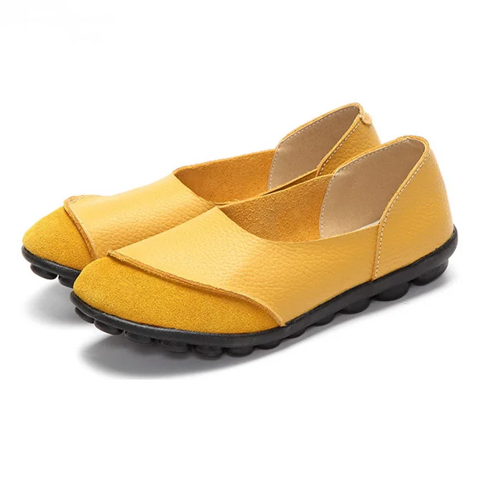 Женская обувь, весенне-летние лоферы из натуральной кожи, однотонные слипоны с круглым носком, обувь ручной работы на плоской подошве - Цвет: Цвет: желтый
