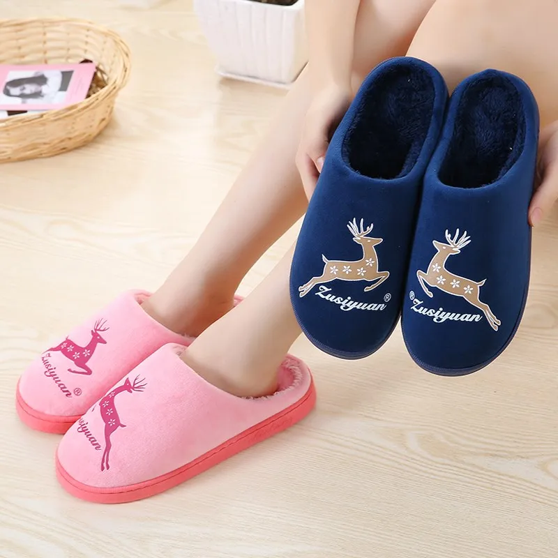 

Women Fur House Slippers Cute Deer Slip on Winter Warm Plush Home Slippers Indoor Bedroom Shoes Women Couple Zapatillas Mujer