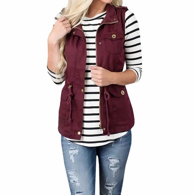 

feitong Women's Lightweight Sleeveless Stretchy Drawstring Jacket Vest with Zipper for girls gift 2018 new #A3
