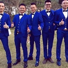 Королевского синего цвета лацкан с тупым углом кнопка-1 шт., Формальные Высокое качество изготавливаемая на заказ мужской костюм(куртка+ брюки+ жилет+ галстук-бабочка) Свадебный костюм для жениха