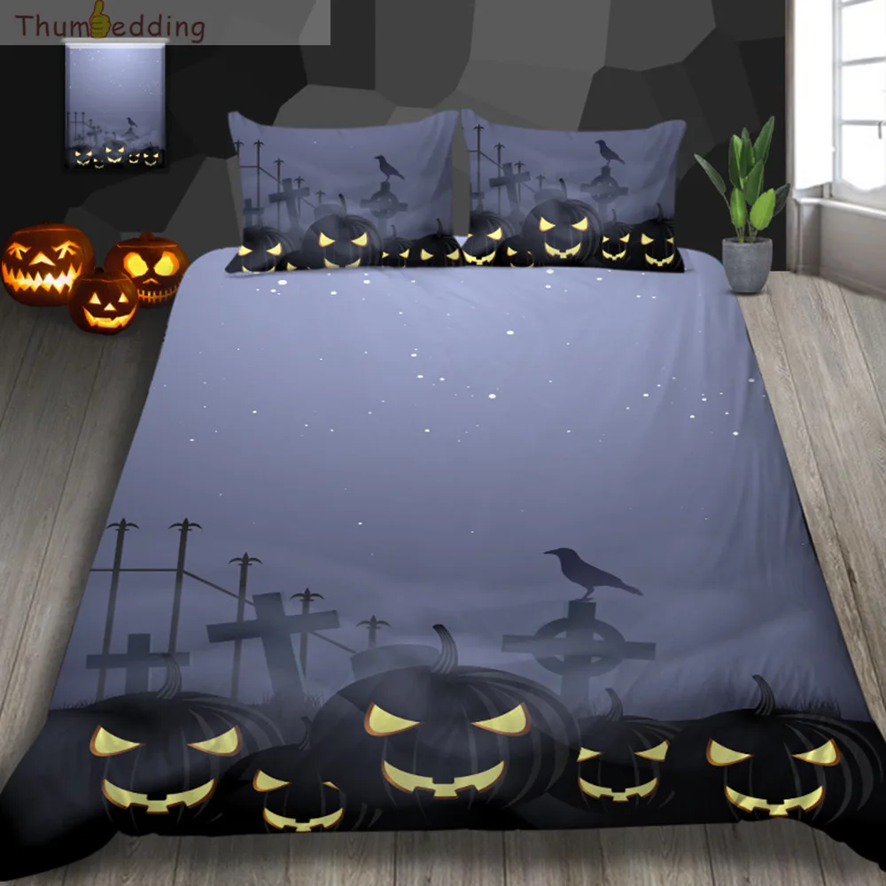 

Thumbedding Bird Pumpkin Print Bedding Sets King Size Halloween Style Duvet Cover Set Western Festival Decoration Bed Set 3PCS