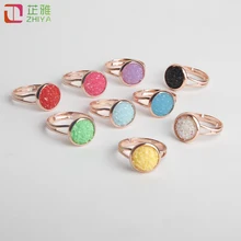 

Simple Round Druzy Stone Paved Women Ring Rose Gold Alloy Rhinestone Adjustable Open Rings Candy Color Summer Jewelry