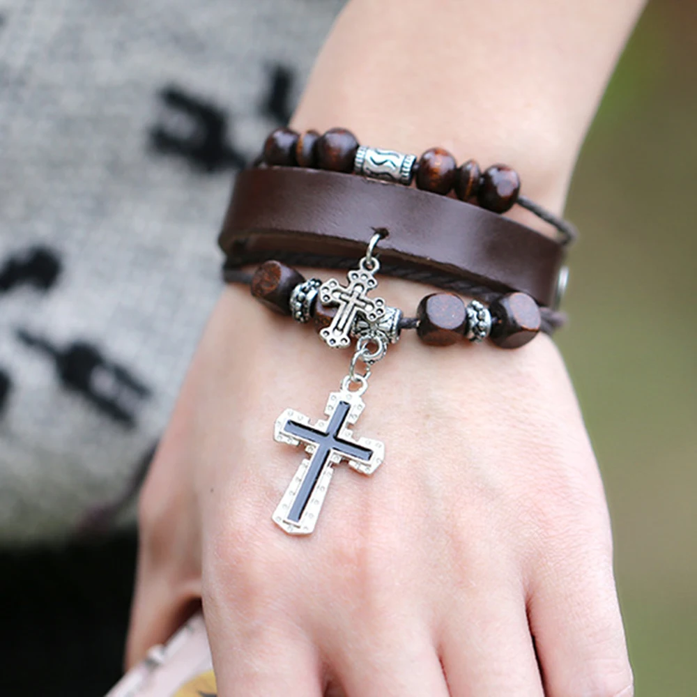 suti Leather Cross Bracelets For Women Men Jewelry Size Adjustable