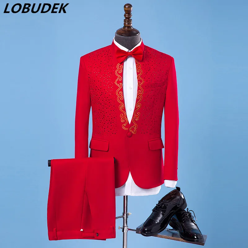 (Jacke + hosen) männlichen Sänger Leistung Anzug Host Bühne zeigen set Hochzeit Party Kleider Mode Stickerei Pailletten Blazer kostüm
