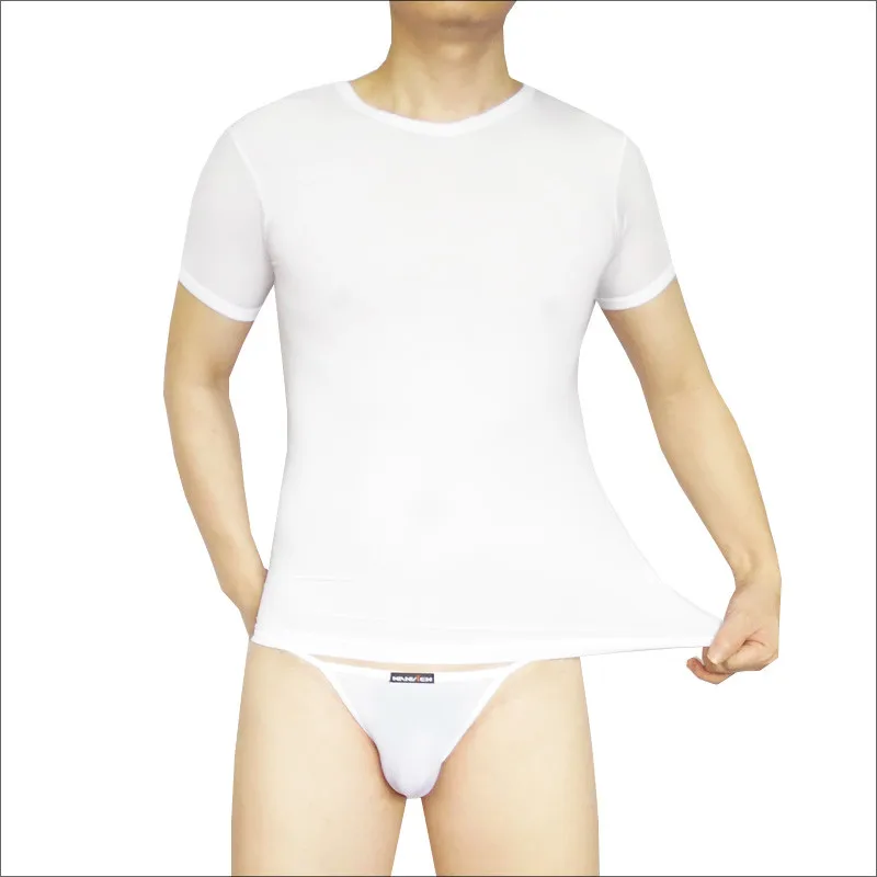 Мужское нижнее белье ультра-тонкий прозрачный-Рендер маленький v-образный вырез футболки и трусы наборы шоу тонкий лед шелк пижамный