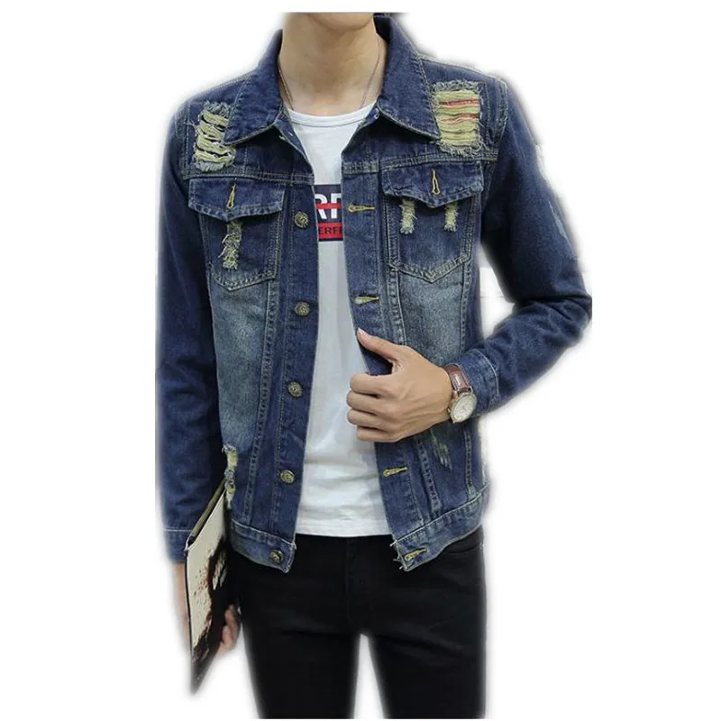 2018 New Spring Autumn Men Short Denim Jacket Long Sleeve Wide Waisted Holes Fashion Men Coat
