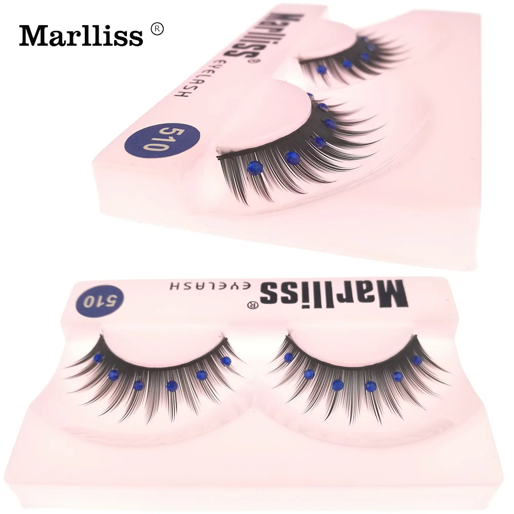 1 пара натуральных длинных толстых накладных ресниц Marlliss Синие стразы со