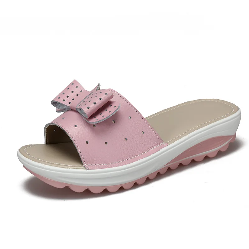 Г. Новые женские шлепанцы женская обувь на плоской подошве из коровьей кожи женские шлепанцы на танкетке, пляжные вьетнамки, летняя обувь женская обувь, Размеры 35-42, WS6 - Цвет: Pink