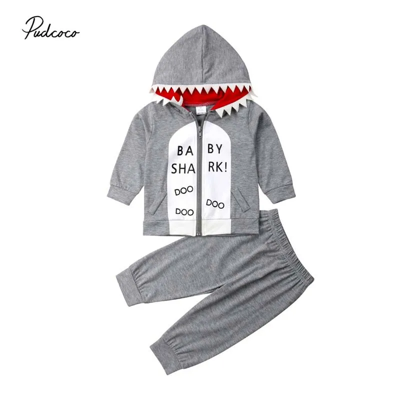 

2019 Brand 2Pcs Toddler Kids Baby Boy Shark Clothes Zipper Fly 3D Tooth Hooded Tops Pants Spring Autumn Cool Outfit Set Costume