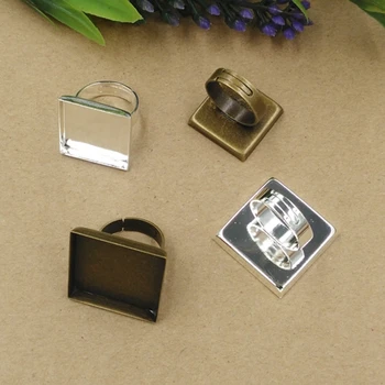 

10pcs 25mm Rhodium and Silver Plated Square Ring Settings Cabochon Base Bezel Tray Blank for Cabochon Cameo DIY Adjustable Ring