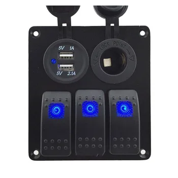 

Rocker Switch Panel 3 Gang 12-24V Power Socket Dual USB charger Blue LED switch button panel