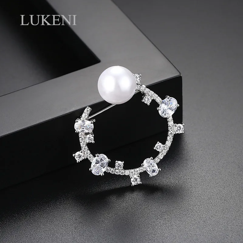 

LUKENI Personality New Arrive Fashion Women White Color AAA Cubic Zircon Geometric pearl Brooches Sweater Coat Accessories