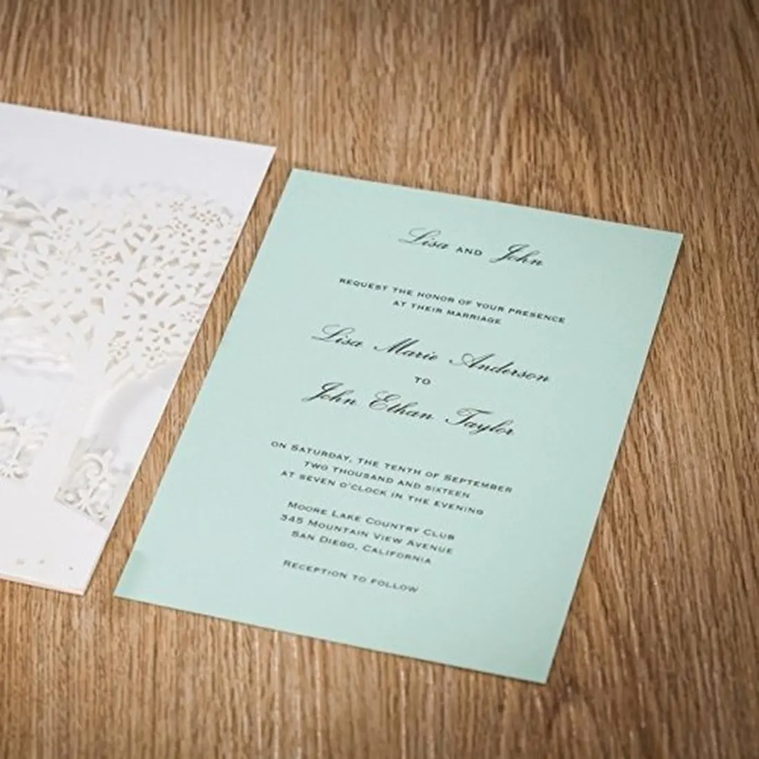  50Pcs White Bride GroomTree Laser Cut Wedding Invitations Card with Envelope and Blank Mint & Pink  - 32989537133
