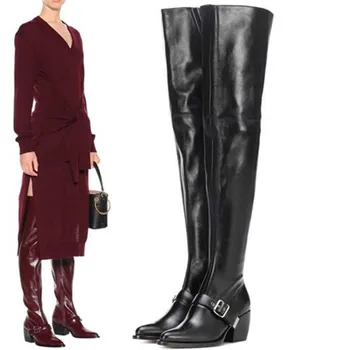 

2019 Black Designer Winter Pointed Toe Overknee Boots Slouchy Thick Chunky Heels Thigh High heeled Boots Wine Red Botas Mujer