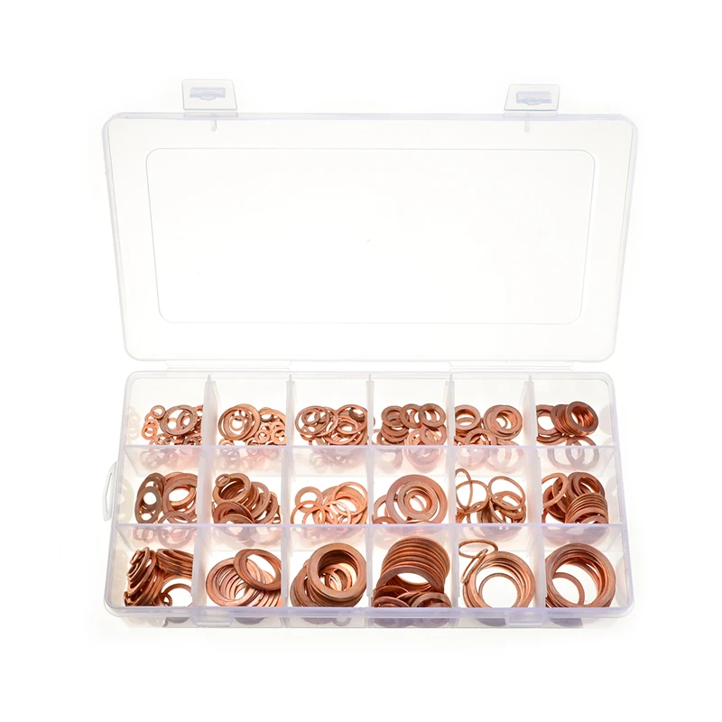 395pcs Assorted Solid Copper Crush Washers Kit 15Sizes Gaskets Seal