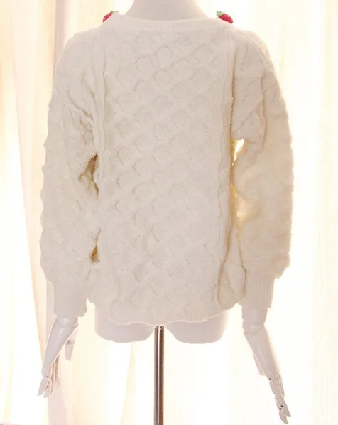 Японские Женские клубники воротник Подвески в виде вишни сладкий хлопковый свитер ручной вязки с длинными рукавами пуловеры цвет молочно-белый
