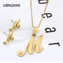26 букв, ювелирный набор из нержавеющей стали, золотой цвет, алфавит, длинная цепочка, кулон, ожерелье, серьги для женщин, свадебные модные ювелирные изделия