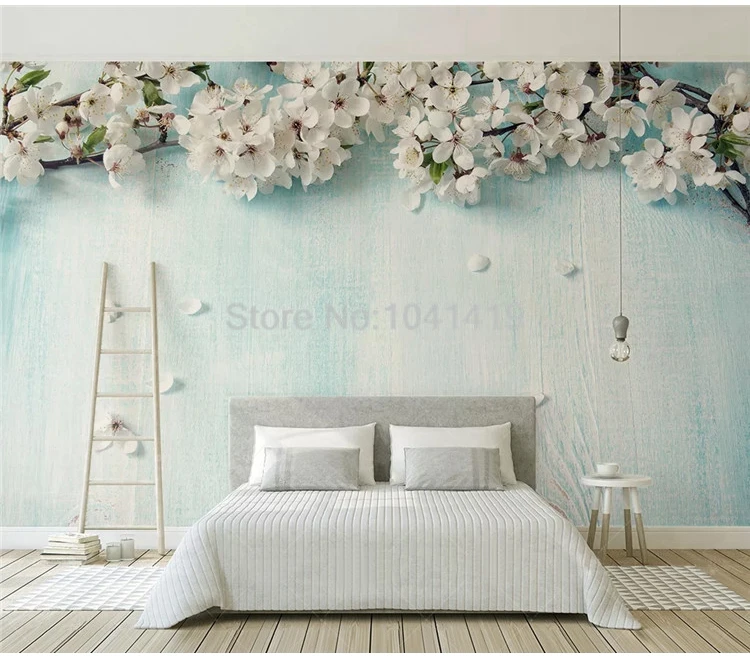 Custom Any Size Mural Wallpaper 3D Blue Wood Grain Cherry Blossom Photo Wall Painting Living Room Bedroom Romantic 3D Home Decor