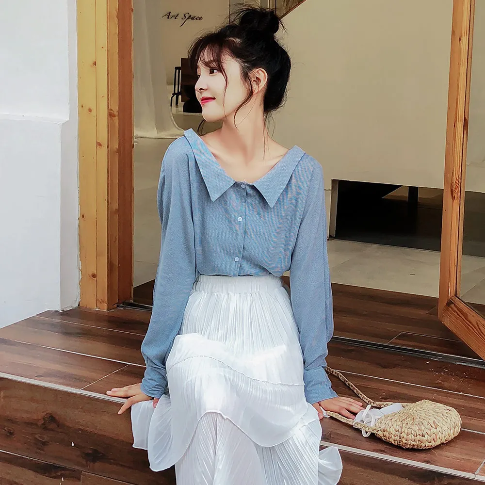 

2019 New Korean Cute Doll Collar Long Sleeve Shirts Womens Spring Small Fresh Plaid Casual Blouses