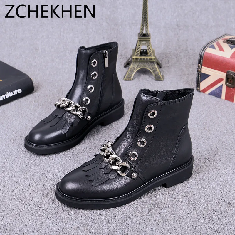 

Luxury brands Women Winter Genuine Leather Chelsea Boots Shoes Zipper String metal chain rivet Autumn Ankle Large Size Boots