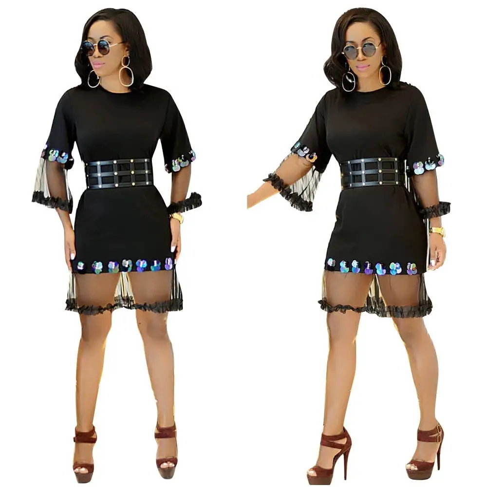 2018 Black Mesh сращивания Видеть Сквозь Сексуальное Платье Лето Половина рукава Laciness