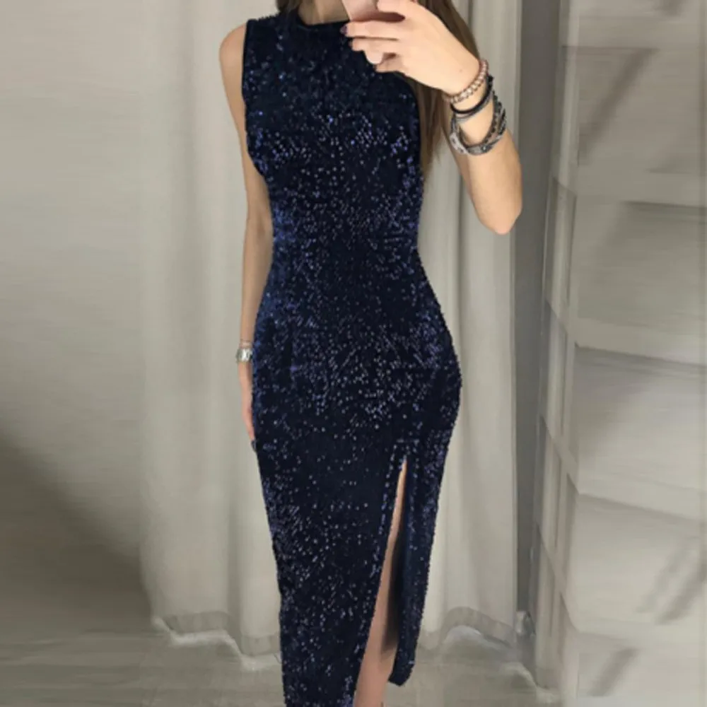 

Summer Women Sleeveless Sequin Bodycon Split Sexy Dress Evening Party Maxi Dress Wedding Prom Formal Ladies Dress Vestidos