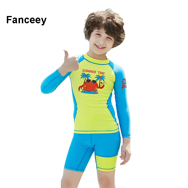 Boys Two Piece Rash Guard Swimsuits Kids Long Sleeve Bathing Suit with Swim Trunk Swimwear Set
