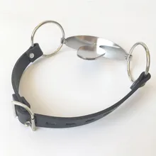 2018 Stainless Steel Fix Tongue Cangue Bondage Mouth Gag Open Mouth Plug W Leather Bandage Slave Adult BDSM Fetish Sex Games Toy