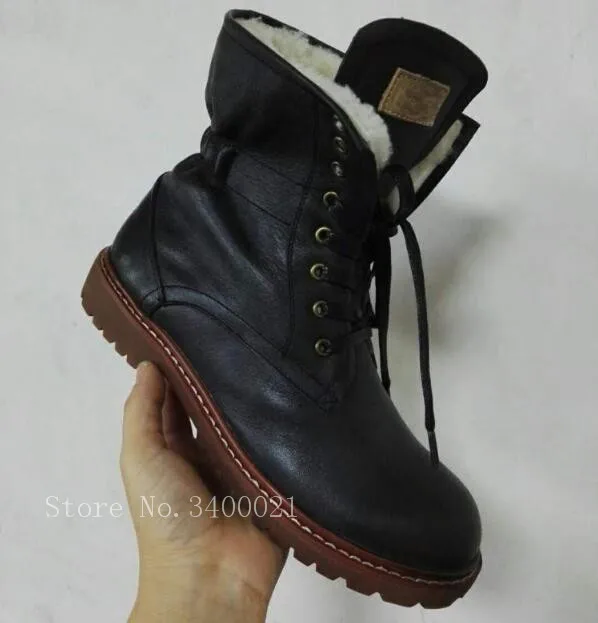 Black Leather Men Martin Boots Flats Plush Fur Winter Warm Snow Boots Ankle Botines male Botas Zapatos Booties Shoes Man