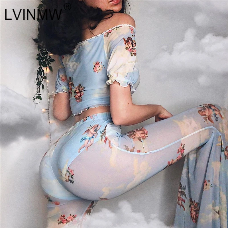 

LVINMW Sexy Mesh See Through Cupid Print Ruffles Crop Tops And Casual Wide Leg Flare Pants 2019 Summer 2 Piece Sets Women