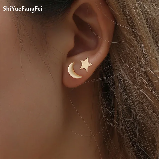 2018 New Cute Alloy Moon Star Stud Earrings For Women Gold 2018 New Cute Alloy Moon Star Stud Earrings For Women Gold Colour Everyday Mothersday