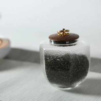 

Handmade Glass Tea Storage Jar Kung Fu Tea Set Accessories Coffee Beans Seal Cans Sugar Nuts Tanks with Wooden Lid Canister