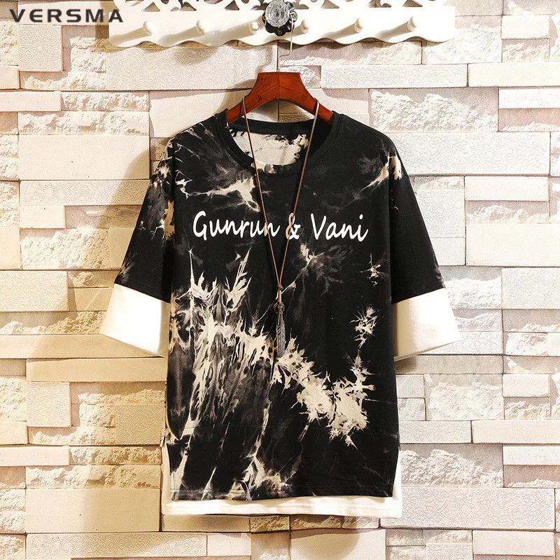 

VERSMA Korean Ulzzang Harajuku Fake Two Piece Men Tee Shirts Hip Hop Streetwear Loose Graffiti Printed T-shirt Male Dropshipping