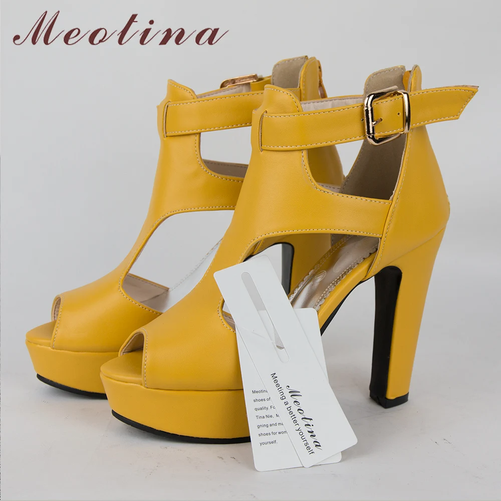 Meotina/обувь в гладиаторском стиле босоножки на высоком каблуке весенне-летняя обувь в римском стиле с открытым носком, Т-образным ремешком, на платформе, на шпильке, на молнии, желтого цвета, размеры 12, 46