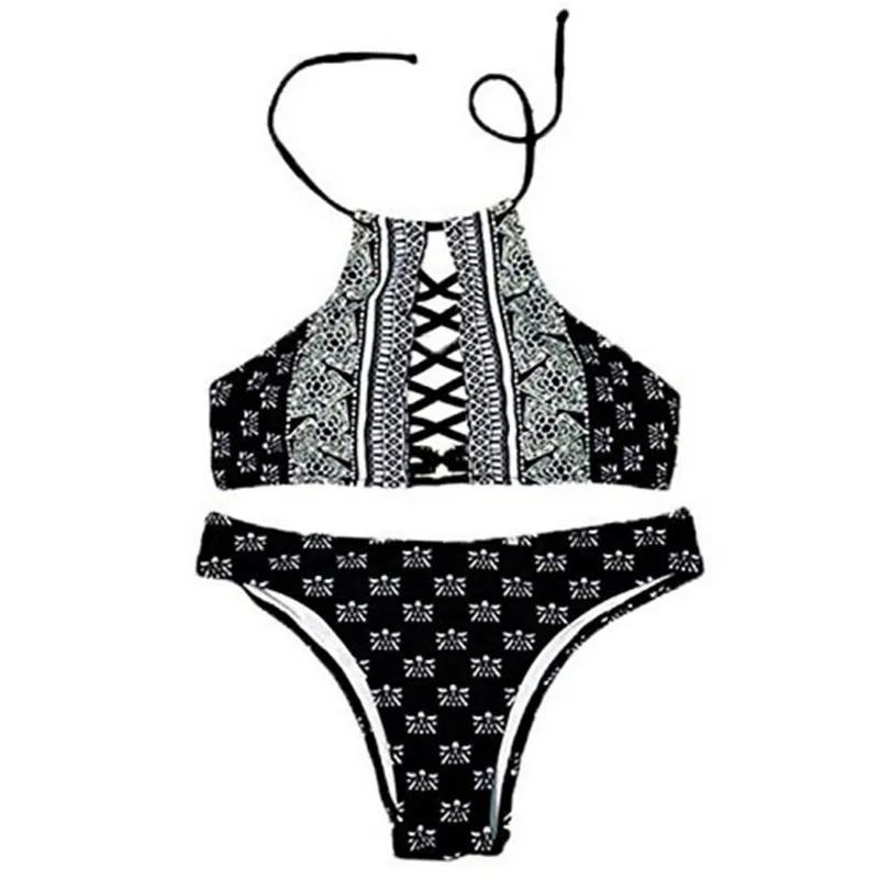 Sexy Women Swimsuit High Neck Halter Top Bikinis Bandage Swimwear Fruit