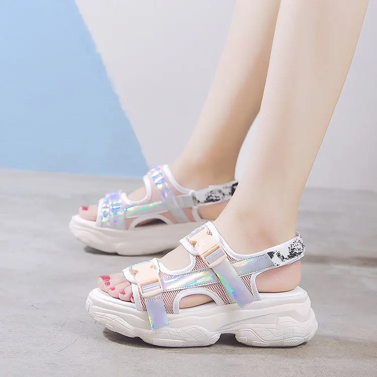 

Colorful thick-soled old sports sandals female summer 2019 new net red sponge cake bottom magic stickers