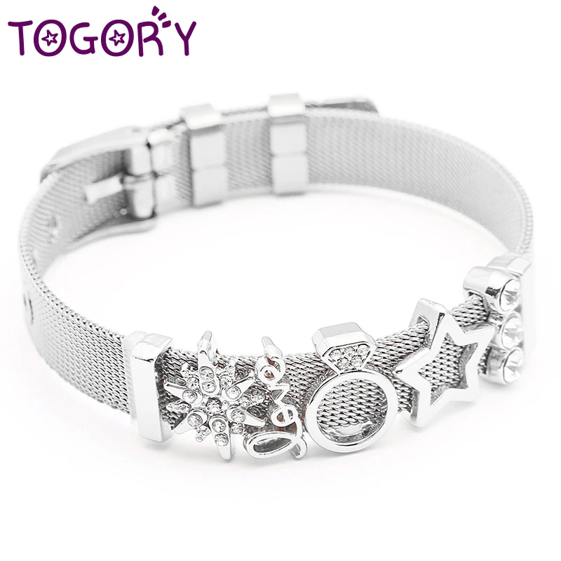 

TOGORY Hot Sale Stainless Steel Mesh Keeper Bracelet with Love Heart Slide Charms Bracelets for Women Wife Wedding Gifts