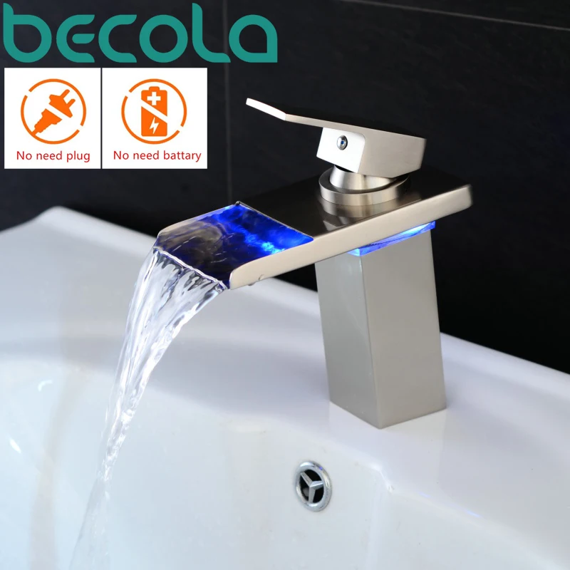 BECOLA Матовый никель воды светодио дный светодиодный смеситель для умывальника контроль температуры светодио дный LED 3 цвета ванная комната